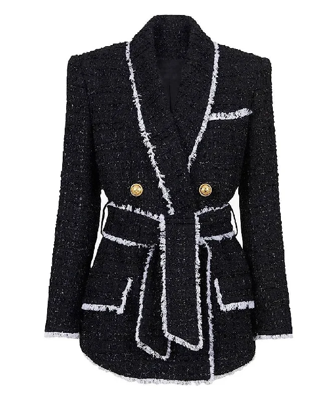 women's puffer jackets -Black Tweed Belted Blazer