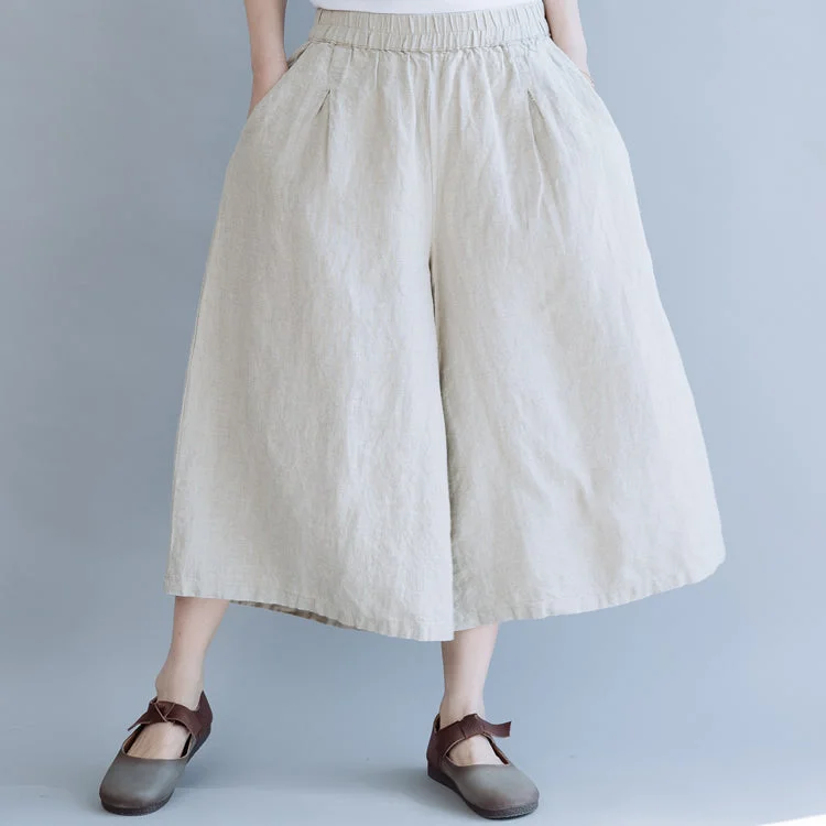 elegant office trousers for women -Women Linen Beige Wide-leg Pants Summer Loose Trousers K6054