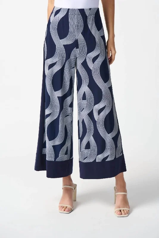 wide leg jeans for women -Abstract Print Wide-Leg Pant In Midnight Blue/vanilla