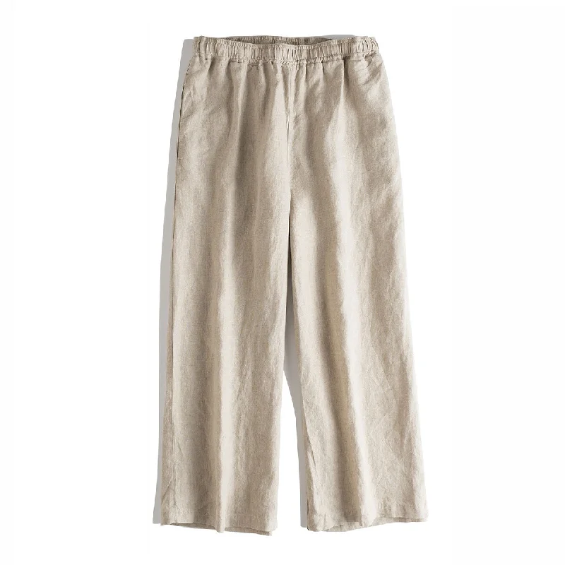 bell-bottom pants for women -Loose Linen Casual Pants Women Straight Leg pants