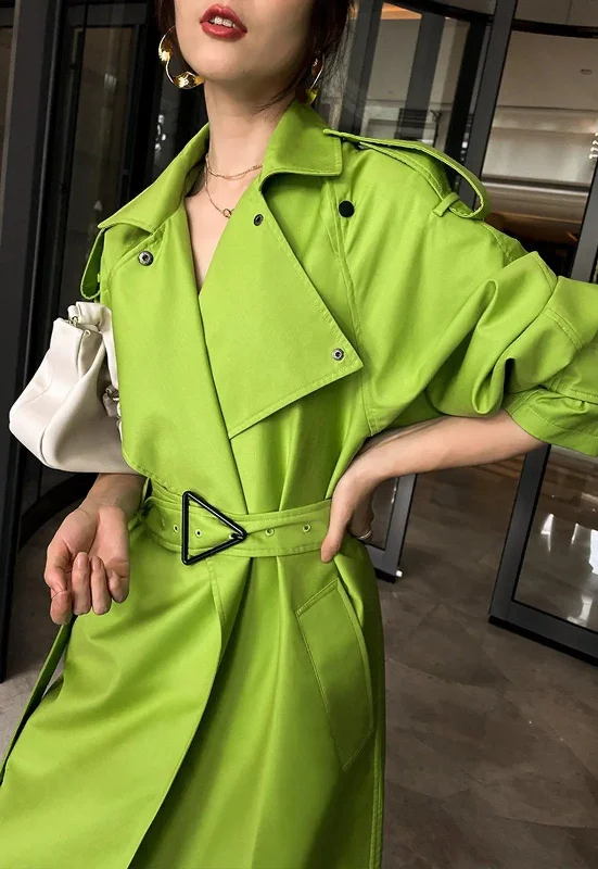 sporty windbreakers for women -Geneva Green Epaulet Belted Long Trench Coat