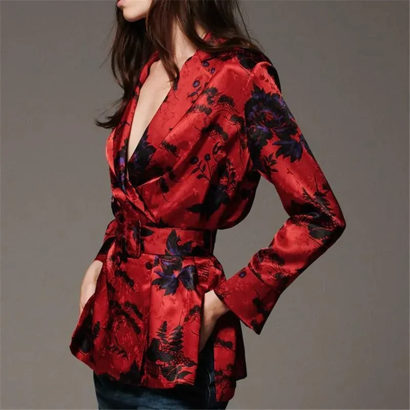 stylish waterfall coats for women -Maya Red Floral Blazer For Women