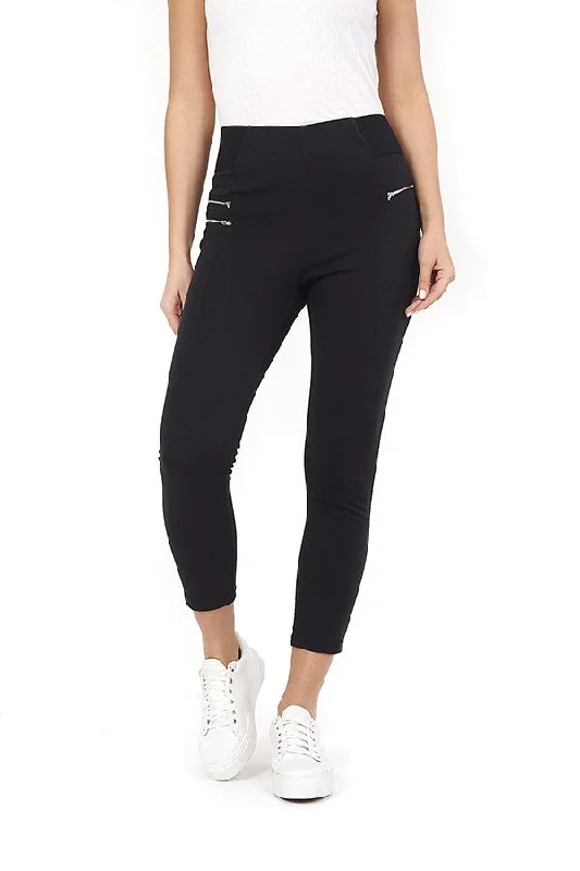 embroidered trousers for women -BLACK PANELLED DESIGN ZIP DETAIL LEGGINGS