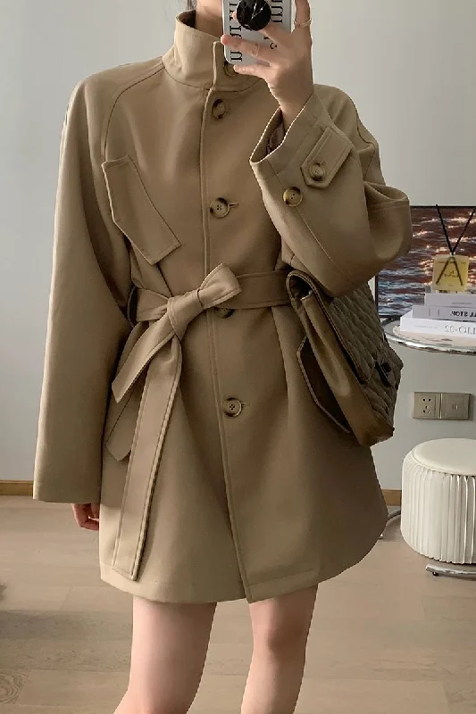 soft wool coats for women -Khaki Single Breasted Trench Belted Coat