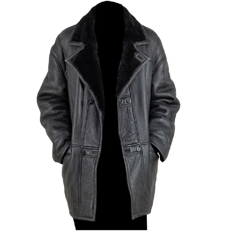 casual outerwear for women -Retro Shearling Black Leather Trench Overcoat Men