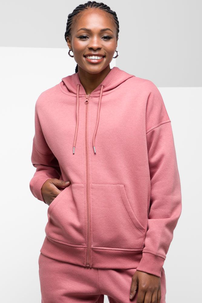 casual women's tops -Hooded Zip Through Tracktop Pink