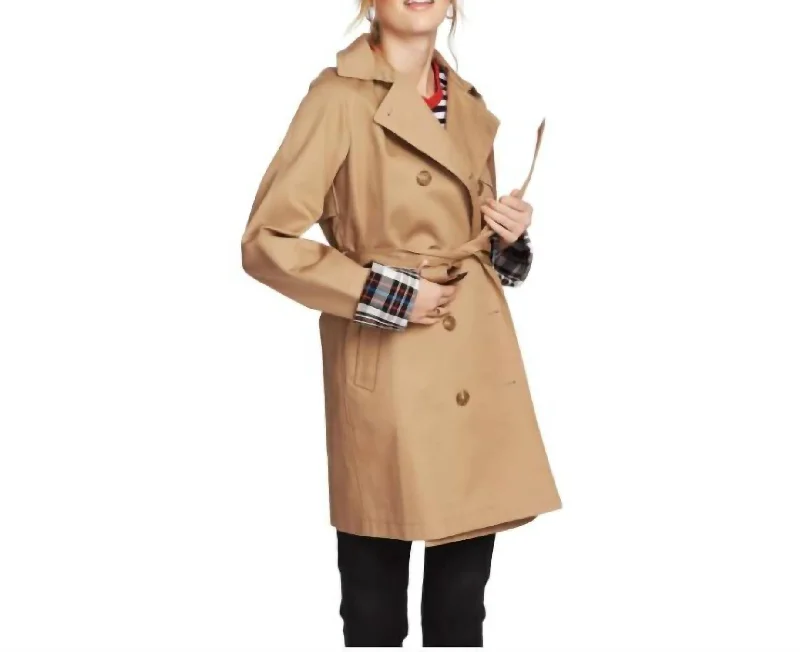 women's sherpa jackets -Plaid Lined Double Breasted Trench Coat In Tan