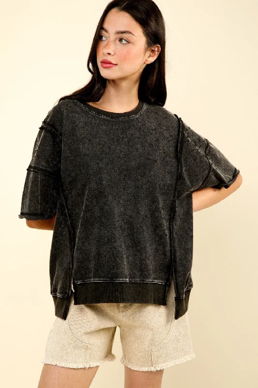 women's silk tops -VERY J Round Neck Exposed Seam Slit T-Shirt