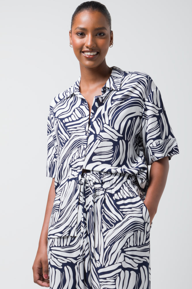 women's long sleeve blouse -Viscose Resort Shirt Navy Print