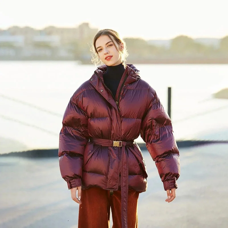 elegant capes for women -Claret Hooded Belted Down Puffer Jacket