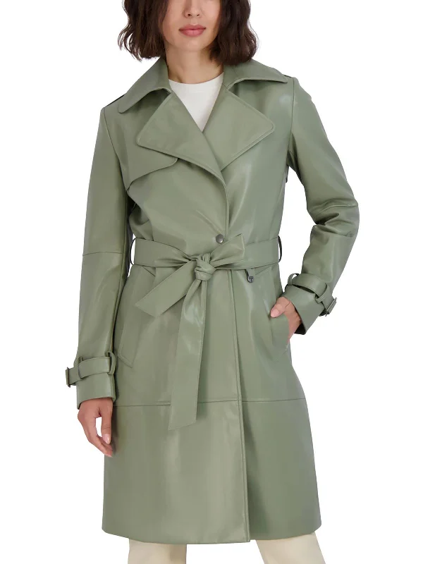 structured coats for women -Womens Vegan Leather Belted Trench Coat