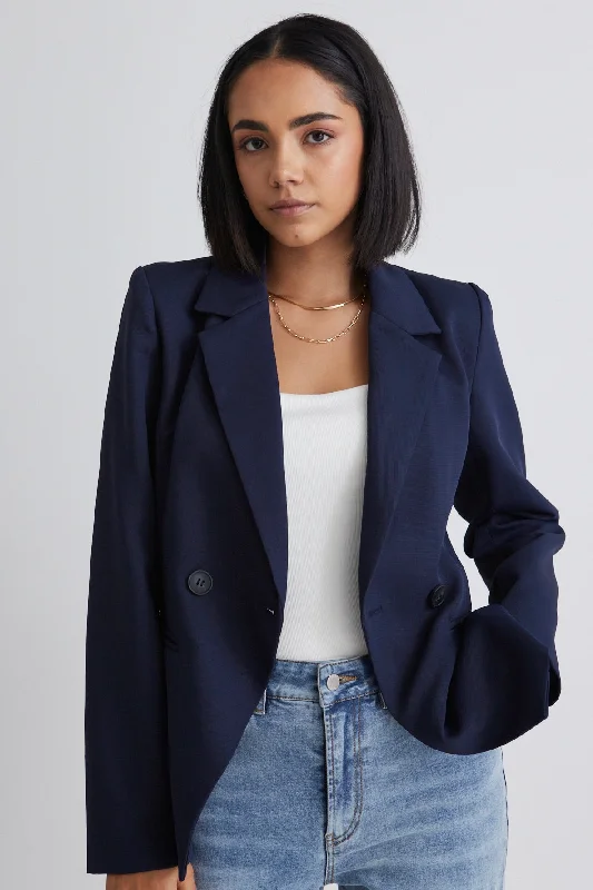 formal coats for women -Harper Navy Texture Double Breasted Blazer