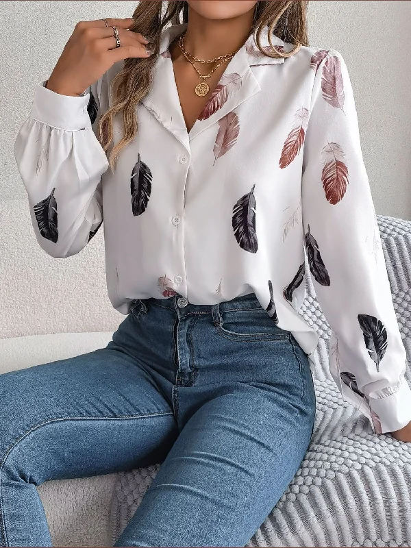 women's ruffle tops -Button Up Printed Collared Neck Shirt