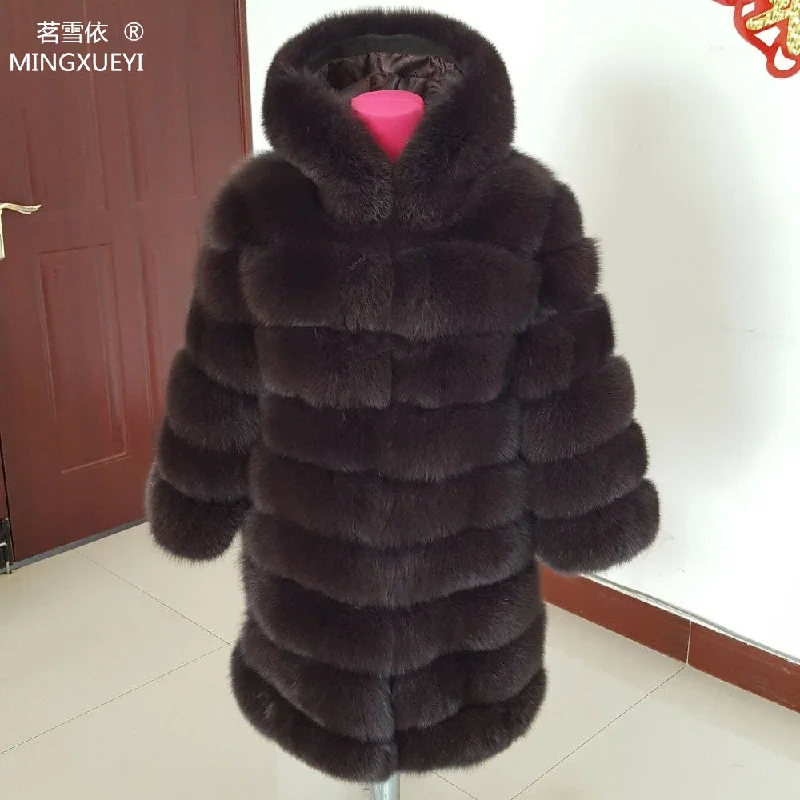 puffer vests for women -90cm real fox fur coat women's long blue coats Fox fur coat jacket hood