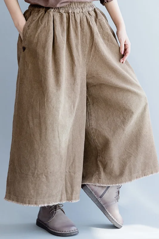 casual stretch pants for women -Vintage Corduroy Wide Leg Pants Women Casual Trousers K2492