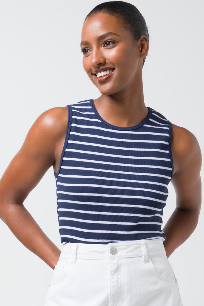 women's bohemian tops -Stripe Rib Cotton Spandex Vest Navy