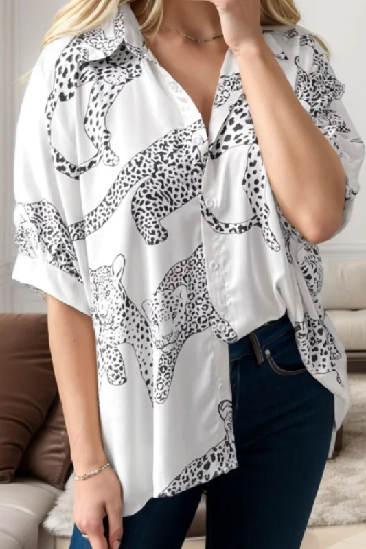 casual loose blouses for women -Printed Collared Neck Half Sleeve Shirt