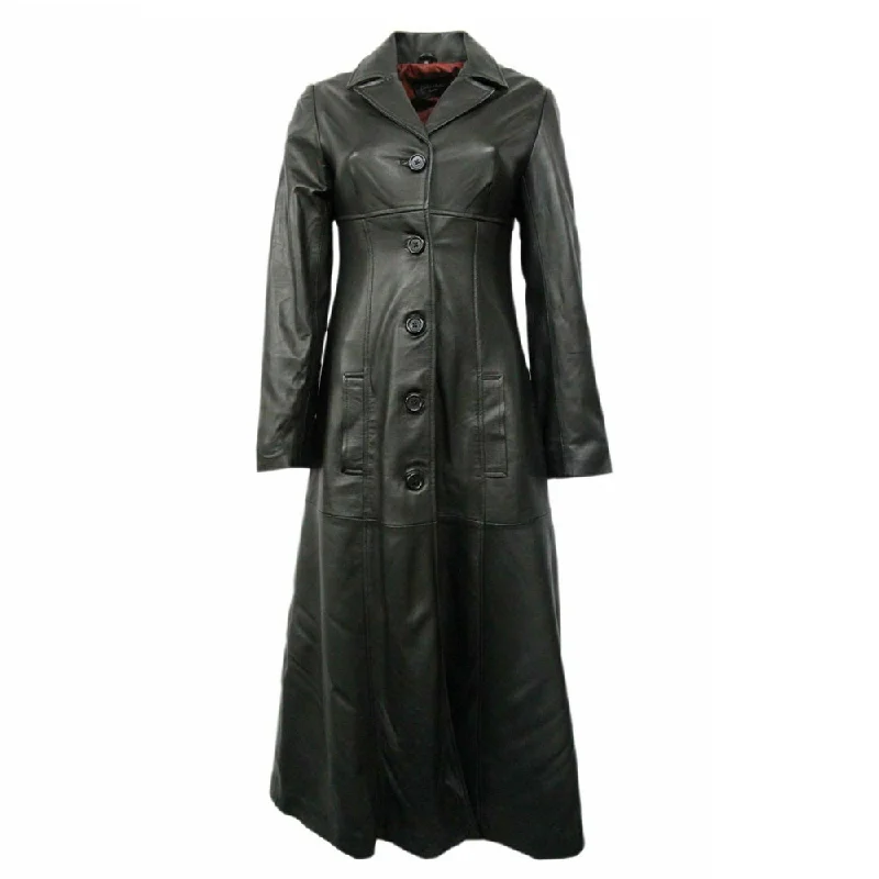 short jackets for women -Women Black Leather Long Trench Overcoat