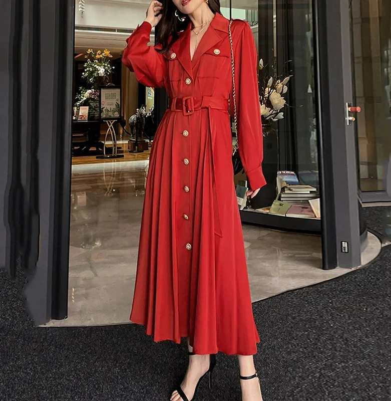 lightweight cashmere coats for women -Red Single-Breasted Belted Light Weight Trench Coat