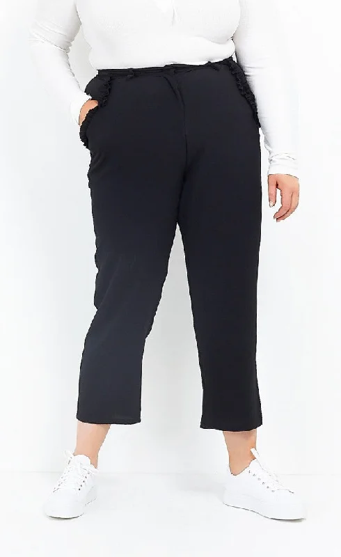 women's formal trousers -PLUS SIZE RUFFLE DETAIL BLACK CIGARETTE TROUSERS