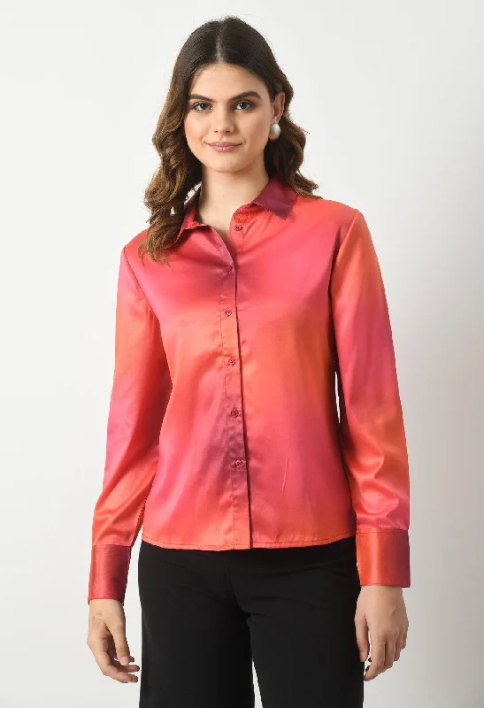 women's v-neck shirts -SMERA MART Women Satin Digital Ombre Print Full Sleeve Formal Shirt