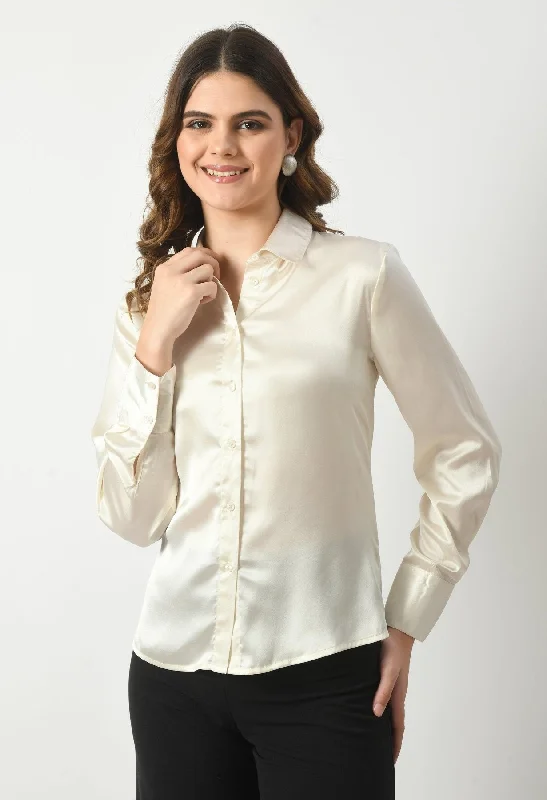 elegant women's tops -SMERA MART Women Solid Regular Fit Formal Office Wear Satin Shirt - Off White