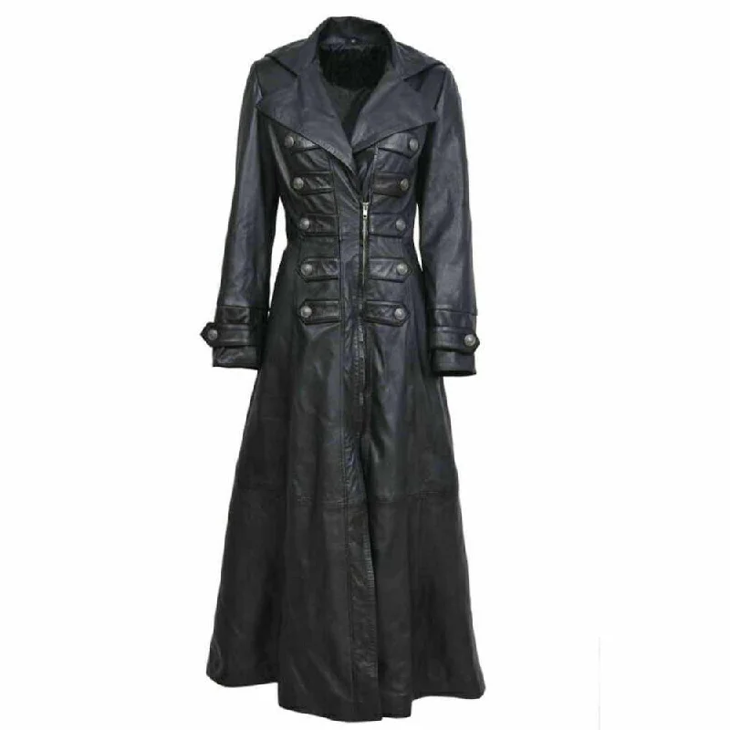 women's double-breasted coats -Women Black Leather Trench Military Long Coat