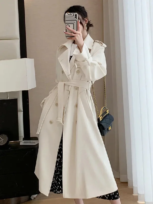 waterproof jackets for women -Double Breasted Buckle Belt Notched Lapel Trench Coat