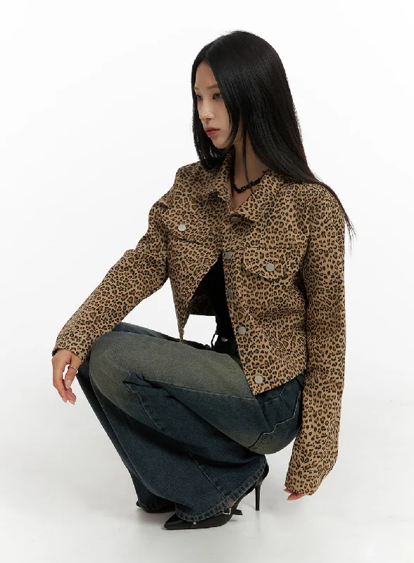 warm winter coats for women -Leopard Buttoned Crop Jacket CF429