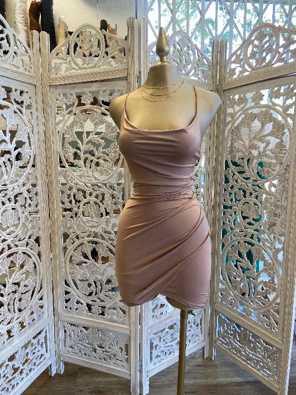 bodycon dresses for women -Beige Mini Cowl Dress