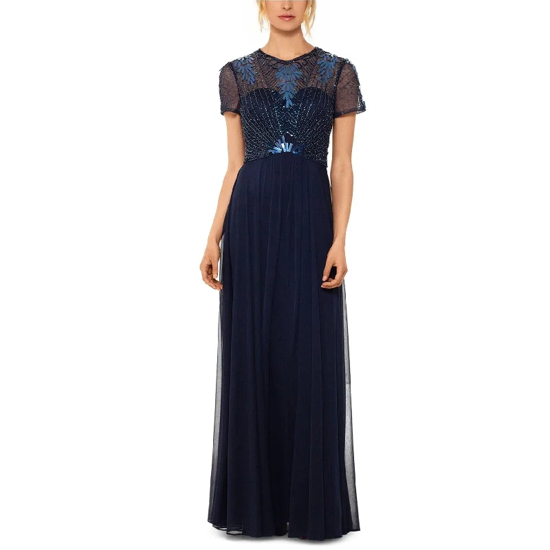 maxi dress with sleeves for women -Betsy & Adam Womens Embellished-Bodice A-line Gown Dress, Blue, 6