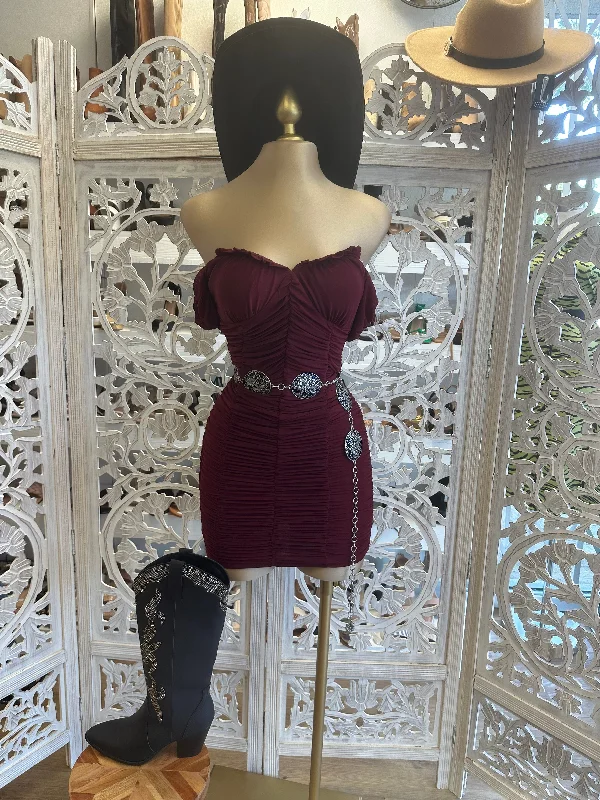 winter dresses for women -Burgundy Ruched Mini Dress