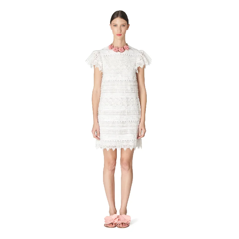 women’s dressy cocktail dresses -Embellished Shift Mini Dress with Ruffle Sleeves | White