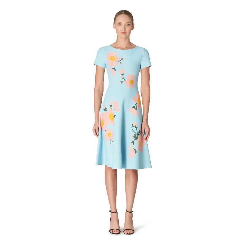 asymmetrical dresses for women -Short Sleeve Boat Neck Flare Dress | Aquamarine Multi