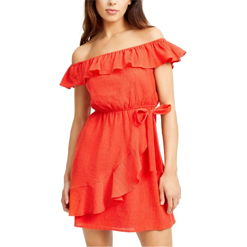 women's t-shirt dresses -City Studio Womens Ruffle Off-Shoulder Dress, Orange, Large