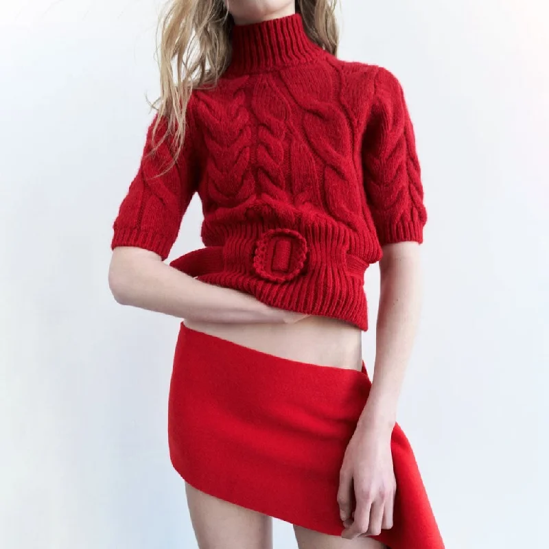 lace-up dresses for women -Classic High Neck Half Sleeve Belted Chunky Cable Knit Pullover Sweater