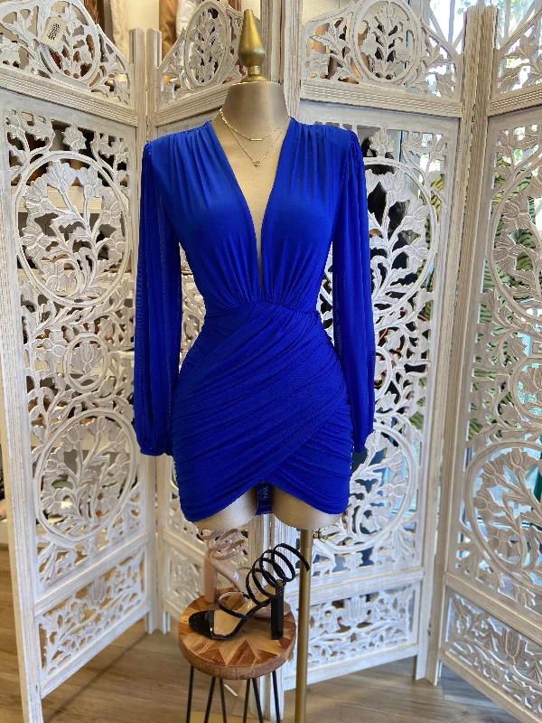 loose fit dresses for women -Royal Blue Wrapped Deep V Mini Dress