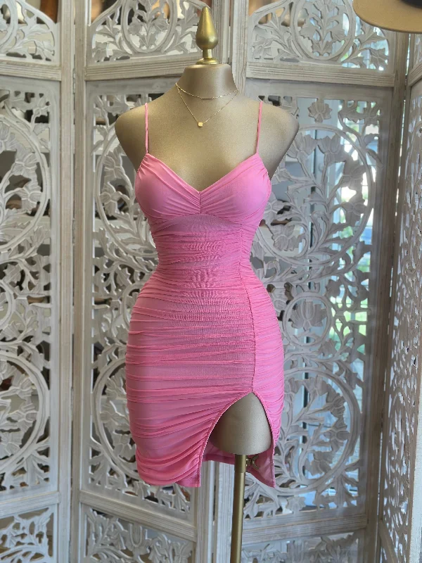 elegant evening dresses for women -Flamingo Pink Slit Mini Dress