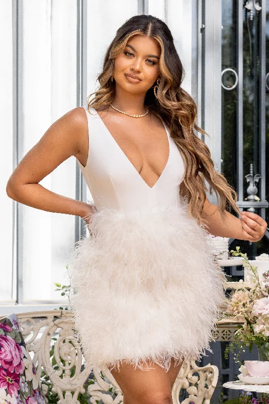 shift-style dresses for women -Flirt | White Plunge Front Mini Dress With Feather Skirt