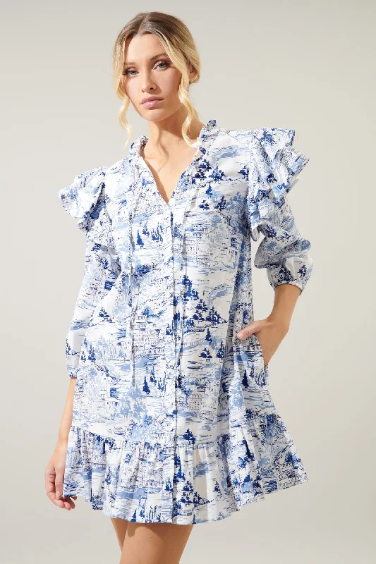 casual denim dresses for women -Francine Toile Sky Sammy Ruffle Drop Waist Dress