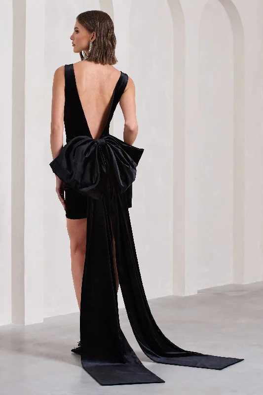 sophisticated evening dresses for women -Gifting | Black Velvet Plunge Mini Dress With Oversized Bow