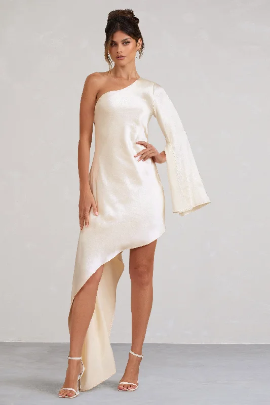 casual shift dresses for women -Hanna | Cream One Shoulder Asymmetric Draped Satin Mini Dress