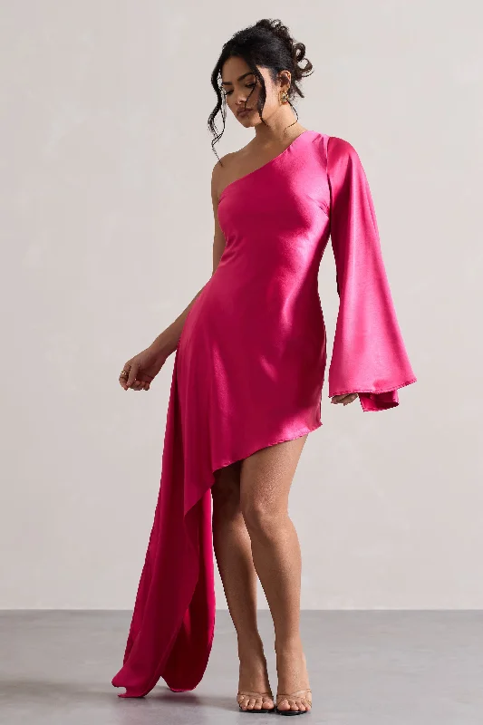 strapless dresses for women -Hanna | Hot Pink One Shoulder Asymmetric Draped Satin Mini Dress