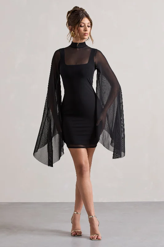 fitted mini dresses for women -Jenny | Black Mesh High-Neck Cape-Sleeve Mini Dress