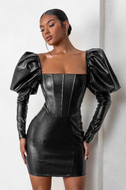 elegant midi dresses for women -Karyme | Black Faux Leather Puff Sleeve Mini Dress With Corset Detail