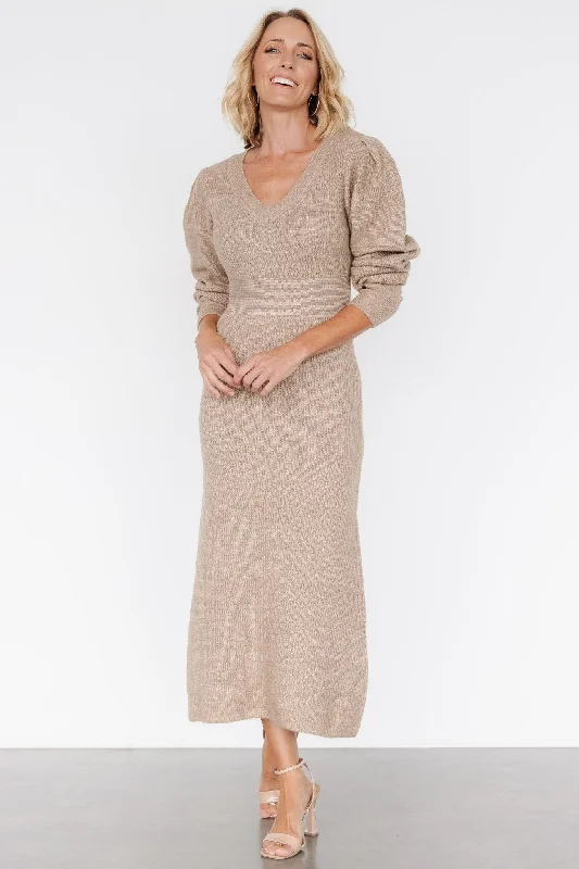 loose fit dresses for women -Lenore V Neck Sweater Dress | Latte