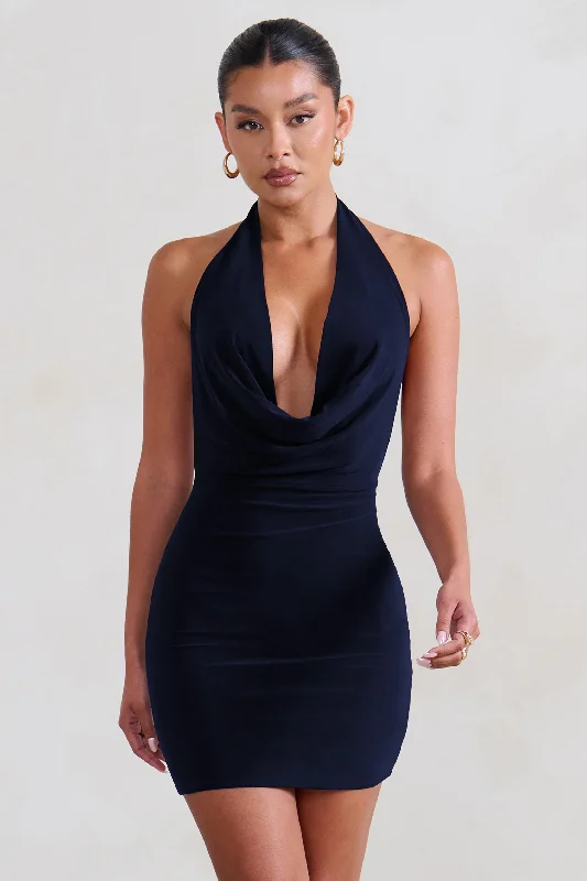 silk dresses for women -Liliana | Navy Cowl Neck Mini Dress