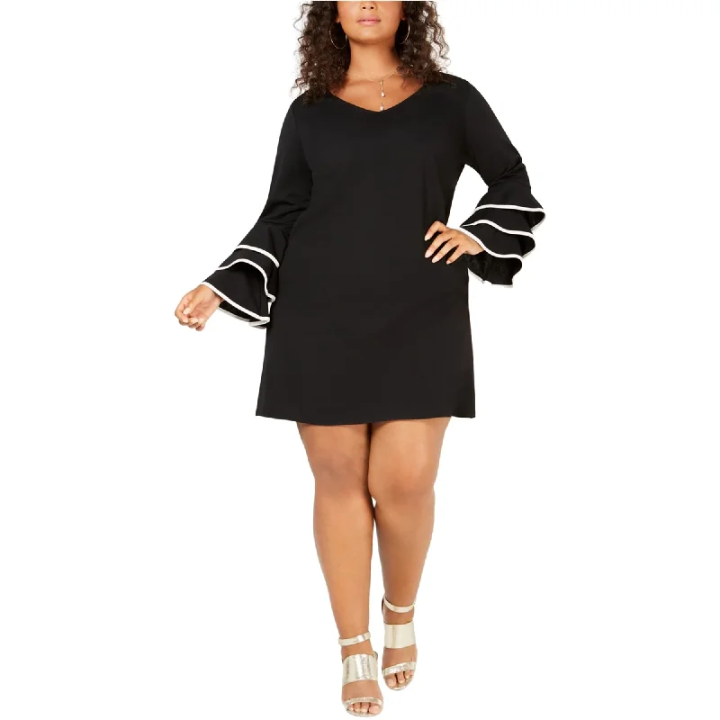 long sleeve dresses for women -Love Squared Womens Ruffle Sleeve Shift Dress, Black, 2X