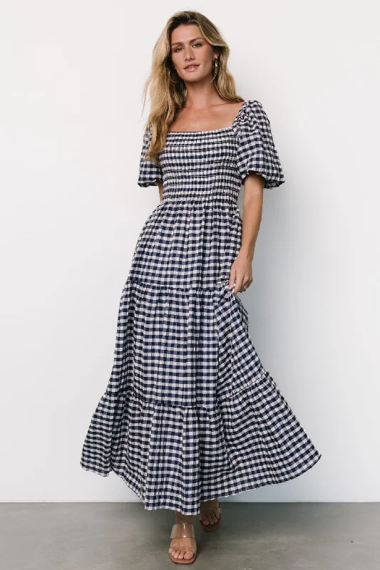 satin dresses for women -Lyndy Smocked Dress | Off White + Blue Gingham