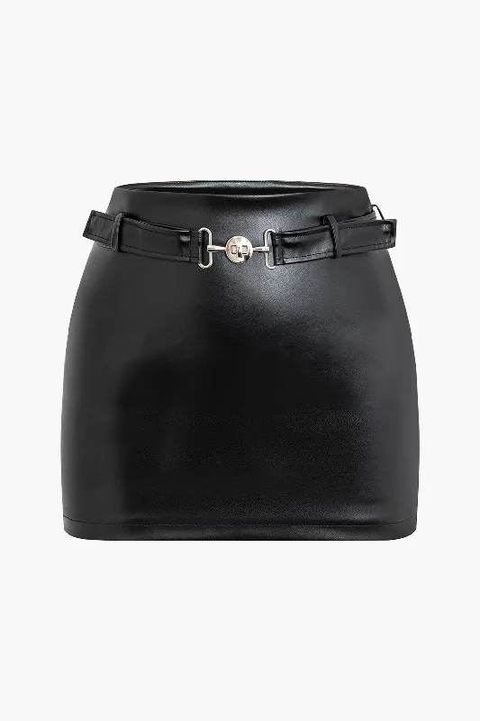 open-back dresses for women -Faux Leather Belted Mini Skirt